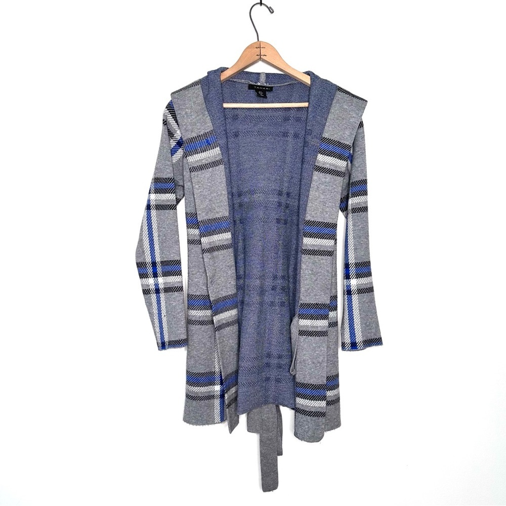 Tahari Blue Plaid Hooded Belted Open Cardigan Sweater Size Medium